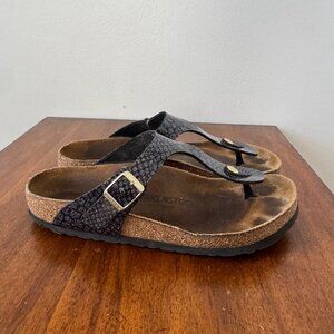 Birkenstock Gizeh Thong Sandals in a Black Shiny Snake